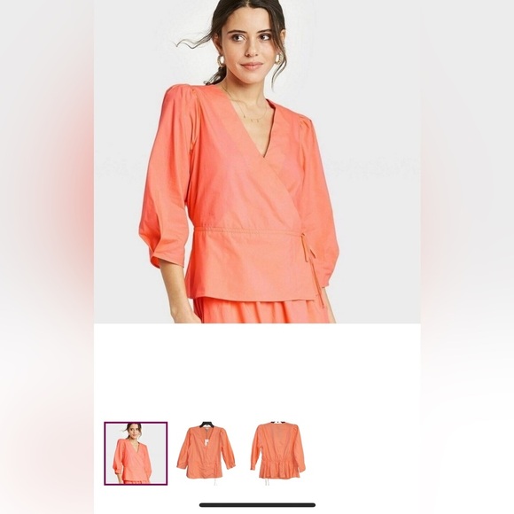 NWT - 100% Cotton A New Day Peach V Neck Wrap Blouse 3/4 Sleeves Cinched Waist - Picture 8 of 8